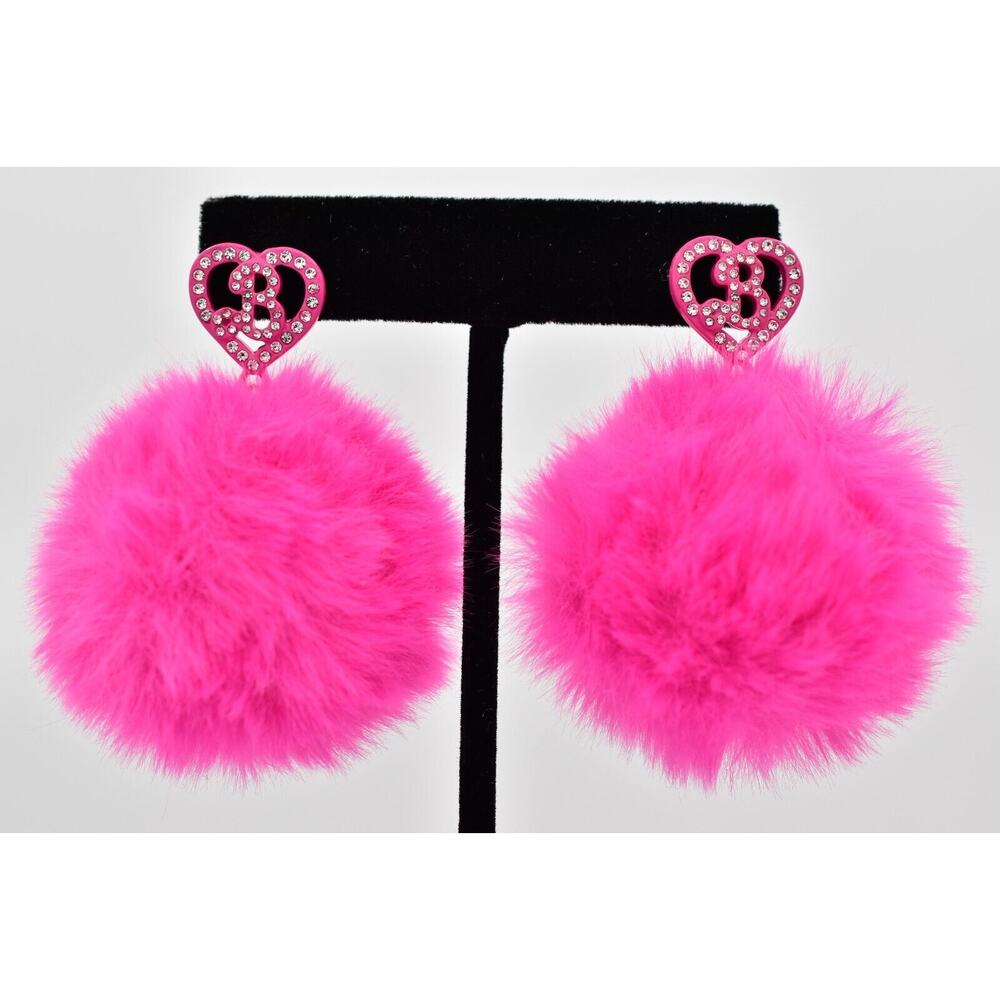 Barbie Puff Ball Earrings Hot Pink Rhinestone Crystal Fuzzy Faux Fur BinW